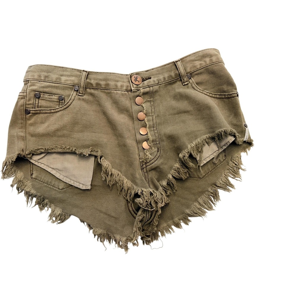 One Teaspoon Shorts Womens 28 Green Rollers Button Fly Denim Cutoff Raw Hem